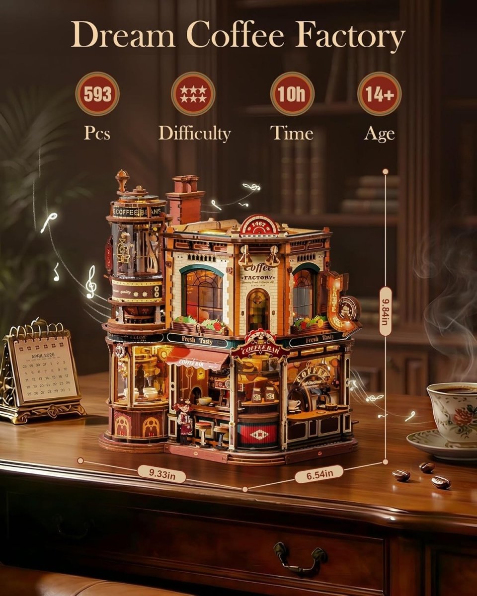 3D Wooden Coffee Factory Puzzle Kit Moving Model Lights Music Decor - Kwikley