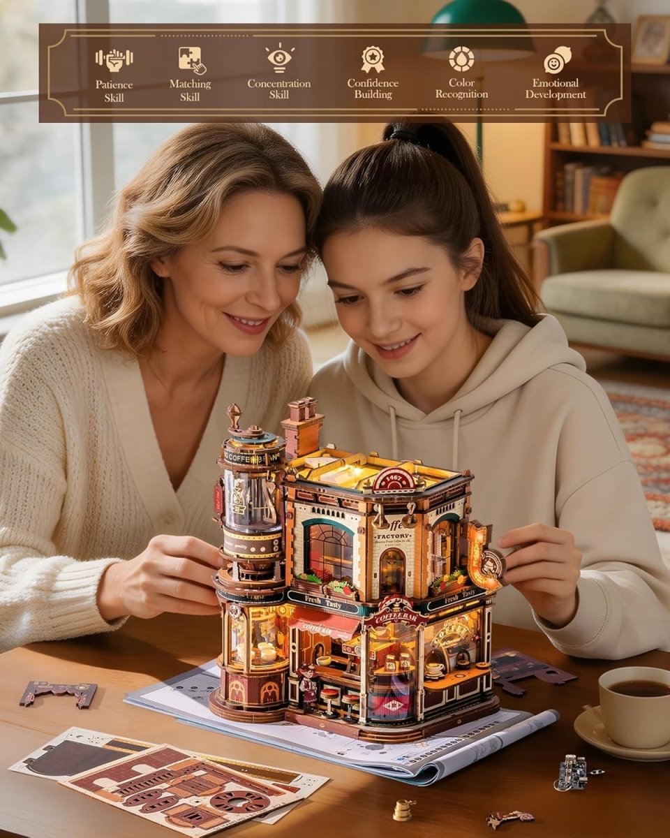 3D Wooden Coffee Factory Puzzle Kit Moving Model Lights Music Decor - Kwikley