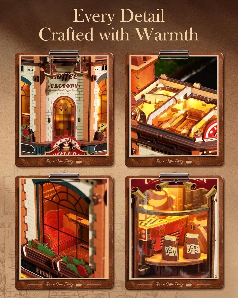 3D Wooden Coffee Factory Puzzle Kit Moving Model Lights Music Decor - Kwikley