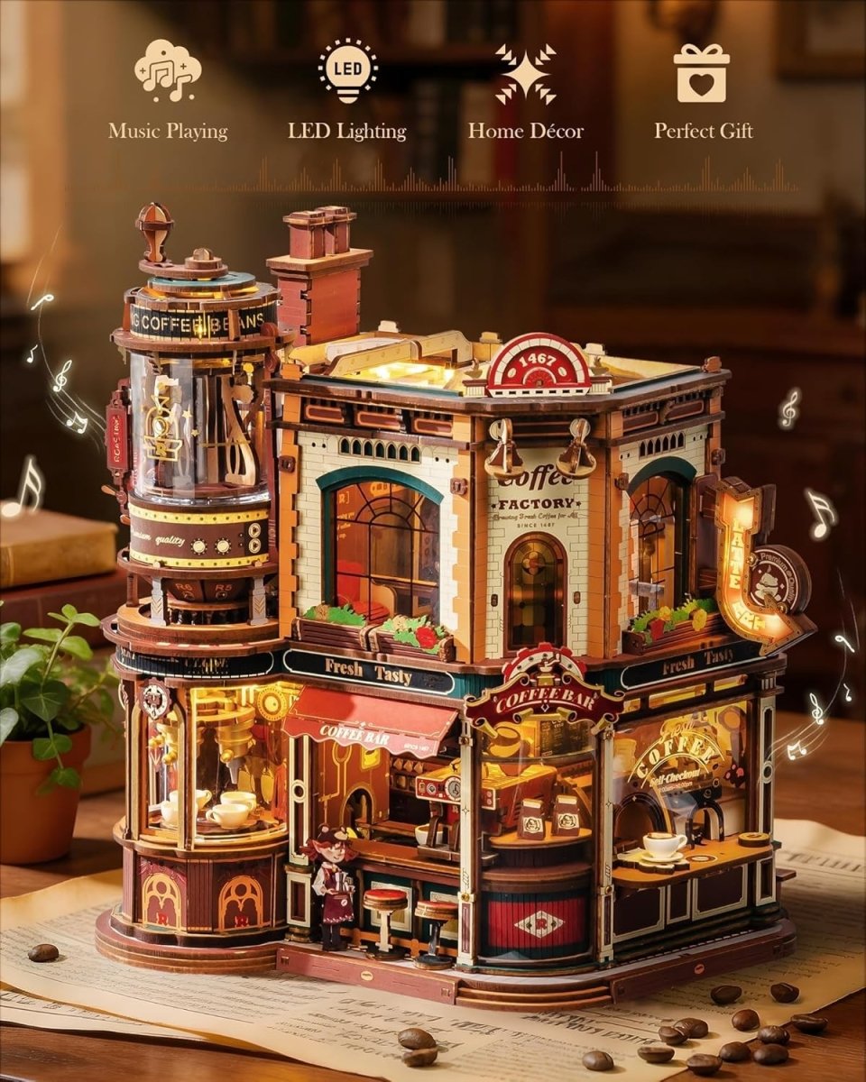 3D Wooden Coffee Factory Puzzle Kit Moving Model Lights Music Decor - Kwikley