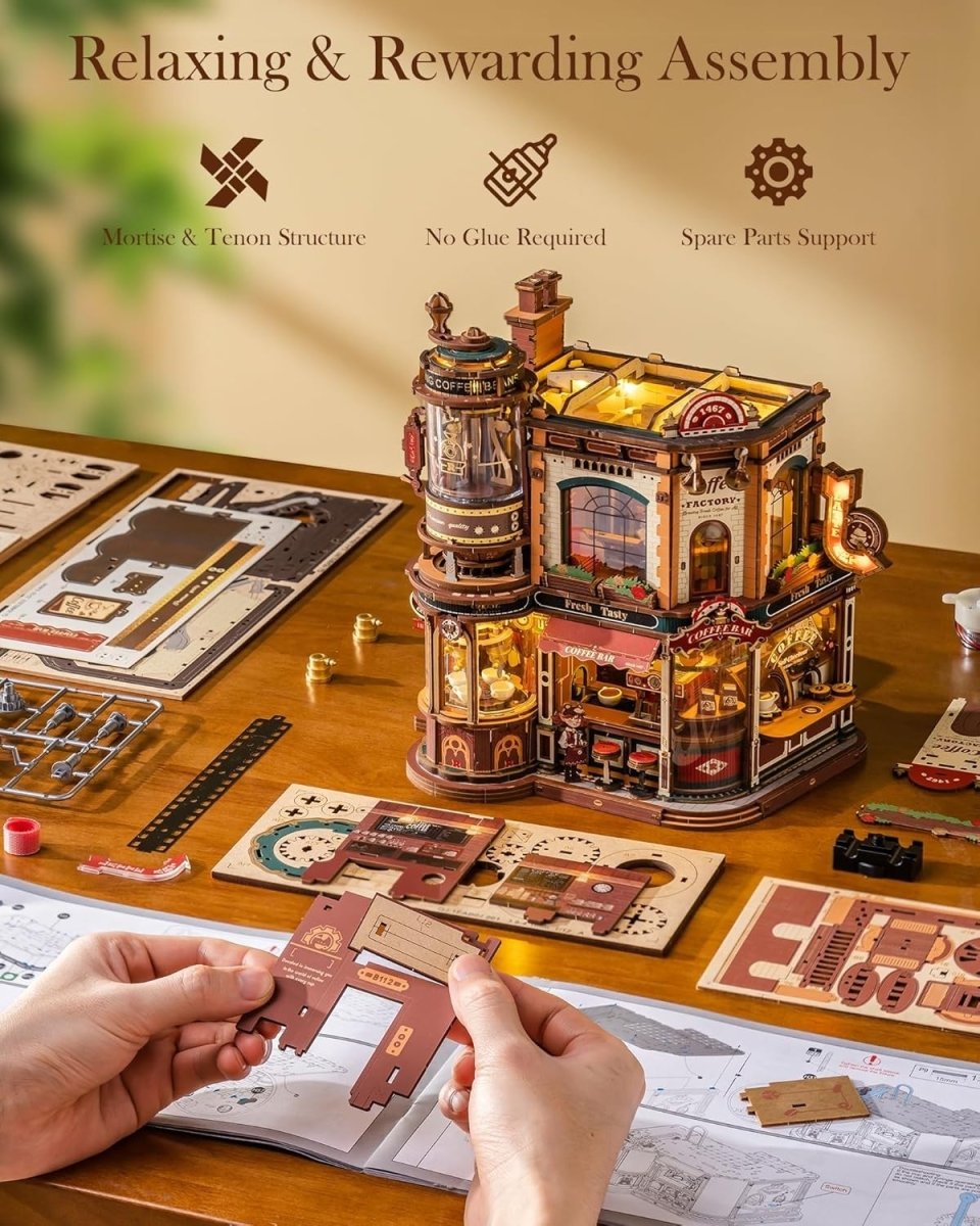3D Wooden Coffee Factory Puzzle Kit Moving Model Lights Music Decor - Kwikley