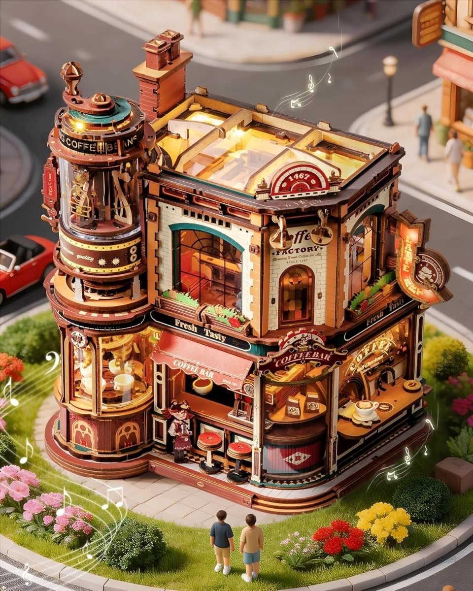 3D Wooden Coffee Factory Puzzle Kit Moving Model Lights Music Decor - Kwikley