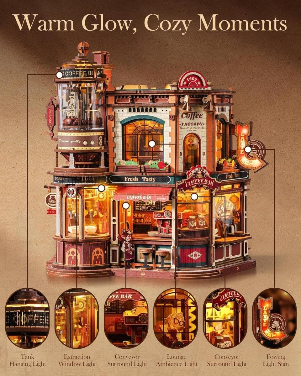 3D Wooden Coffee Factory Puzzle Kit Moving Model Lights Music Decor - Kwikley