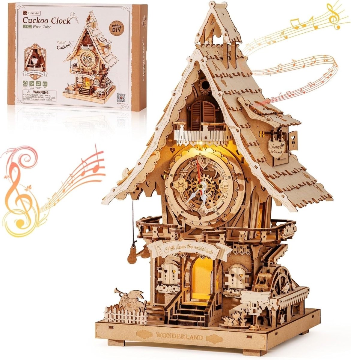 3D Wooden Cuckoo Clock Kit Working Clock LED Light DIY Puzzle Gift - Kwikley