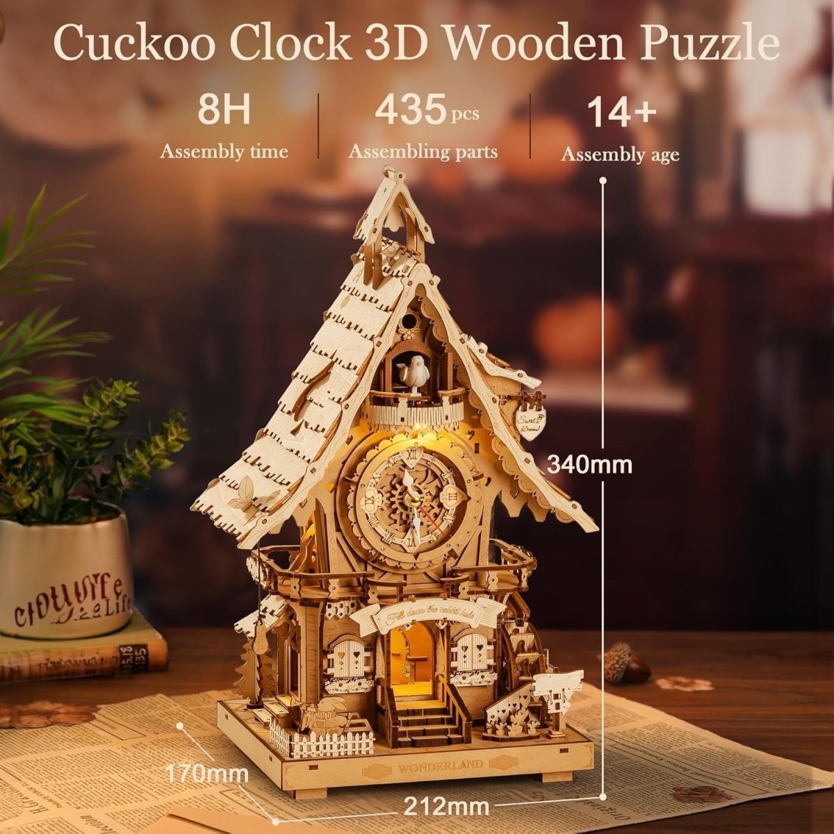 3D Wooden Cuckoo Clock Kit Working Clock LED Light DIY Puzzle Gift - Kwikley