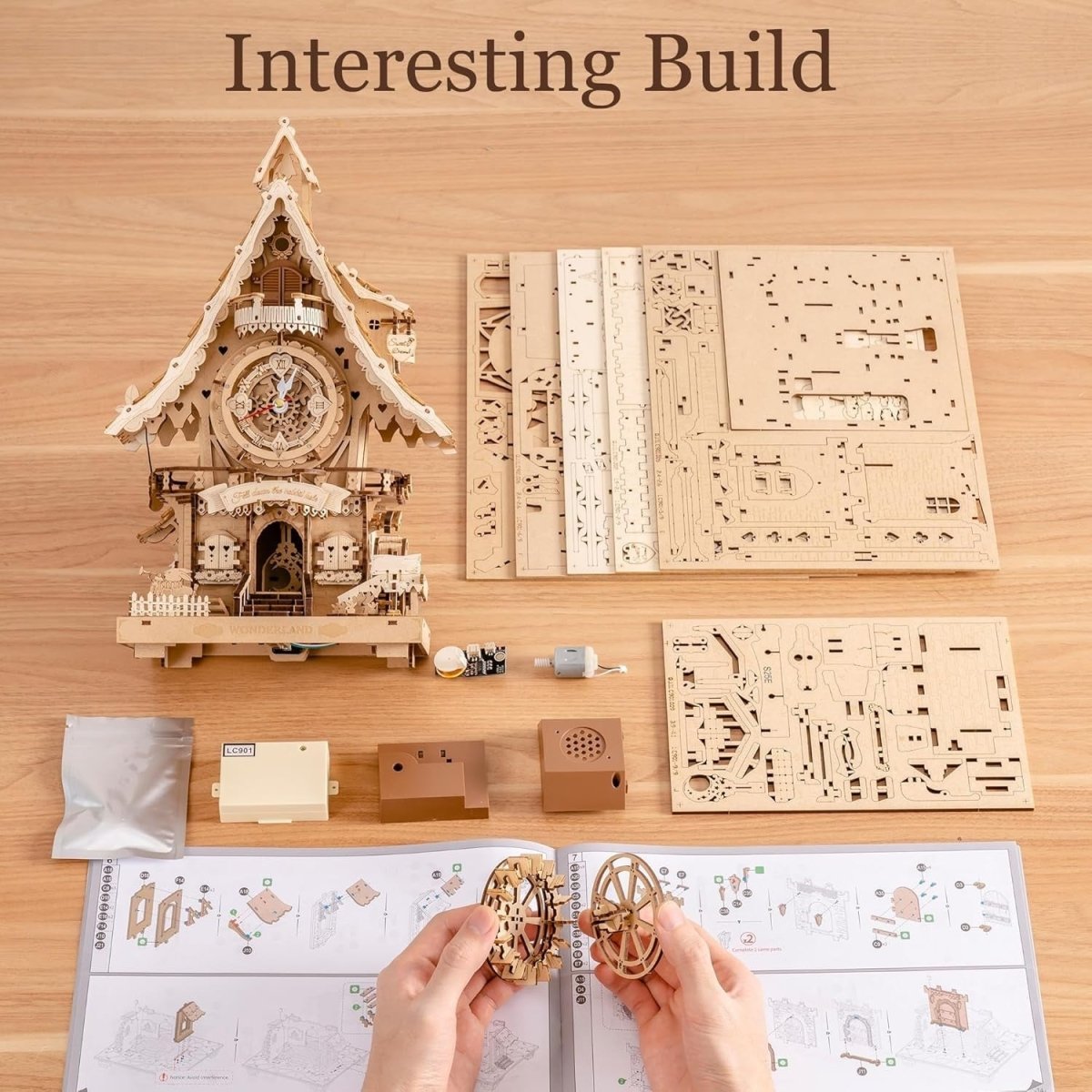 3D Wooden Cuckoo Clock Kit Working Clock LED Light DIY Puzzle Gift - Kwikley