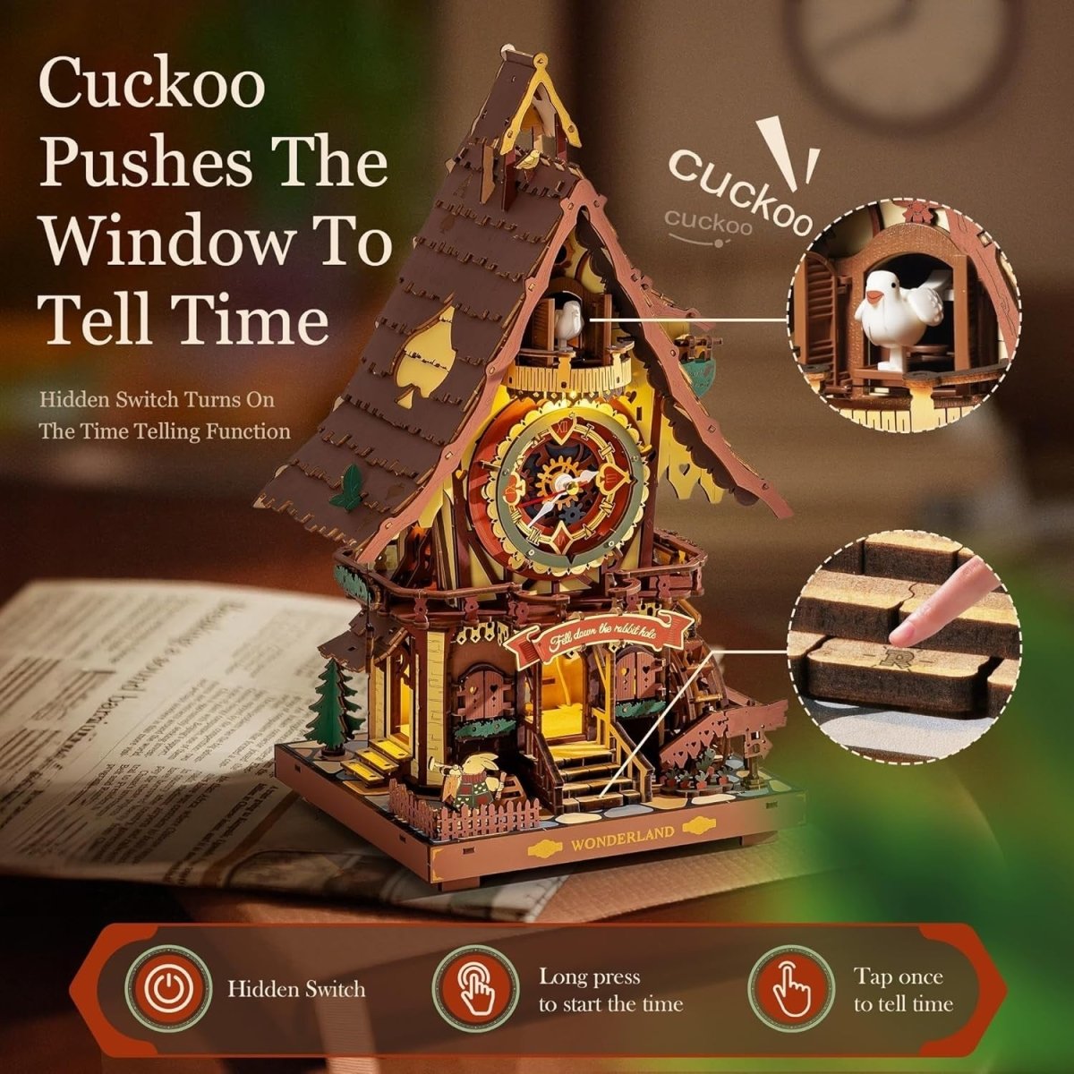 3D Wooden Cuckoo Clock Kit Working Clock with Lights DIY Puzzle - Kwikley