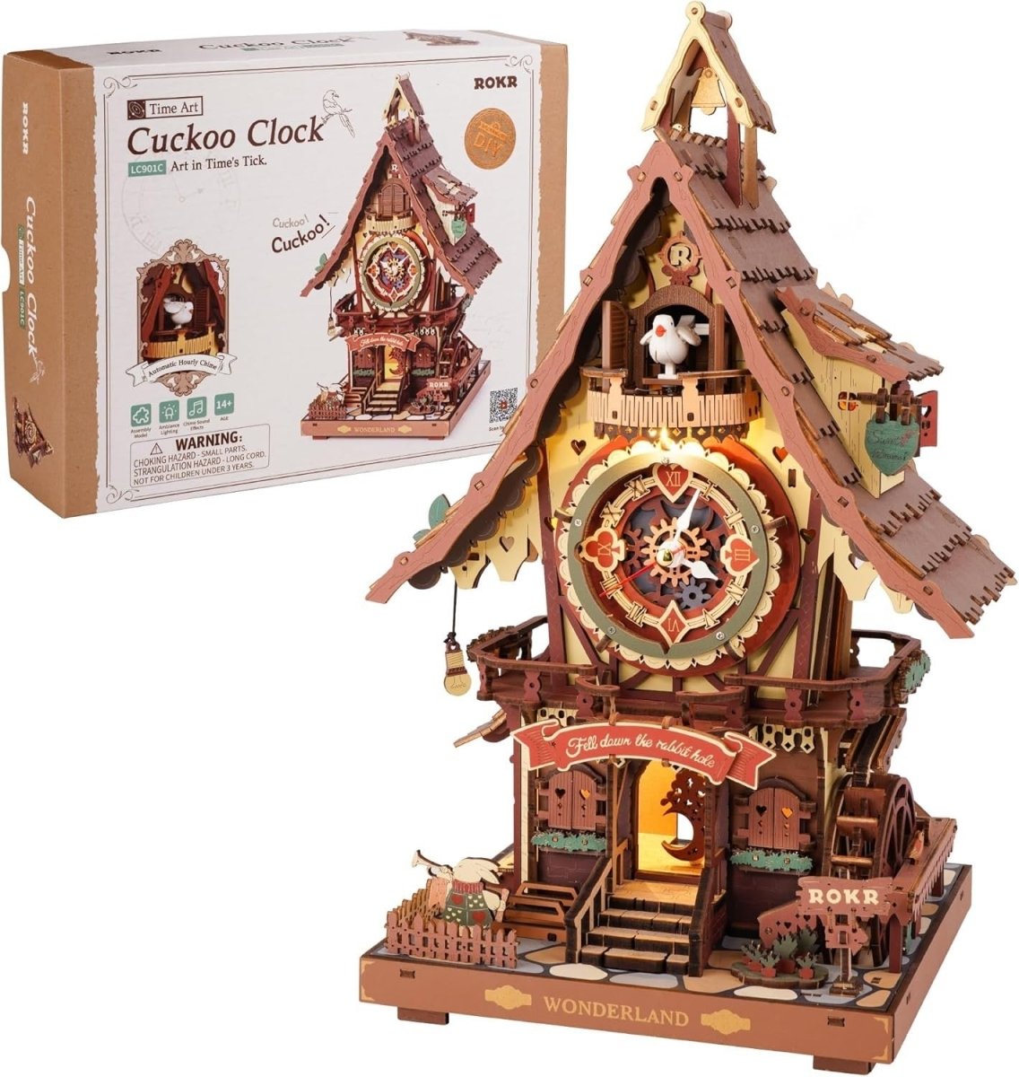 3D Wooden Cuckoo Clock Model Kit DIY Mechanical Puzzle with Lights - Kwikley
