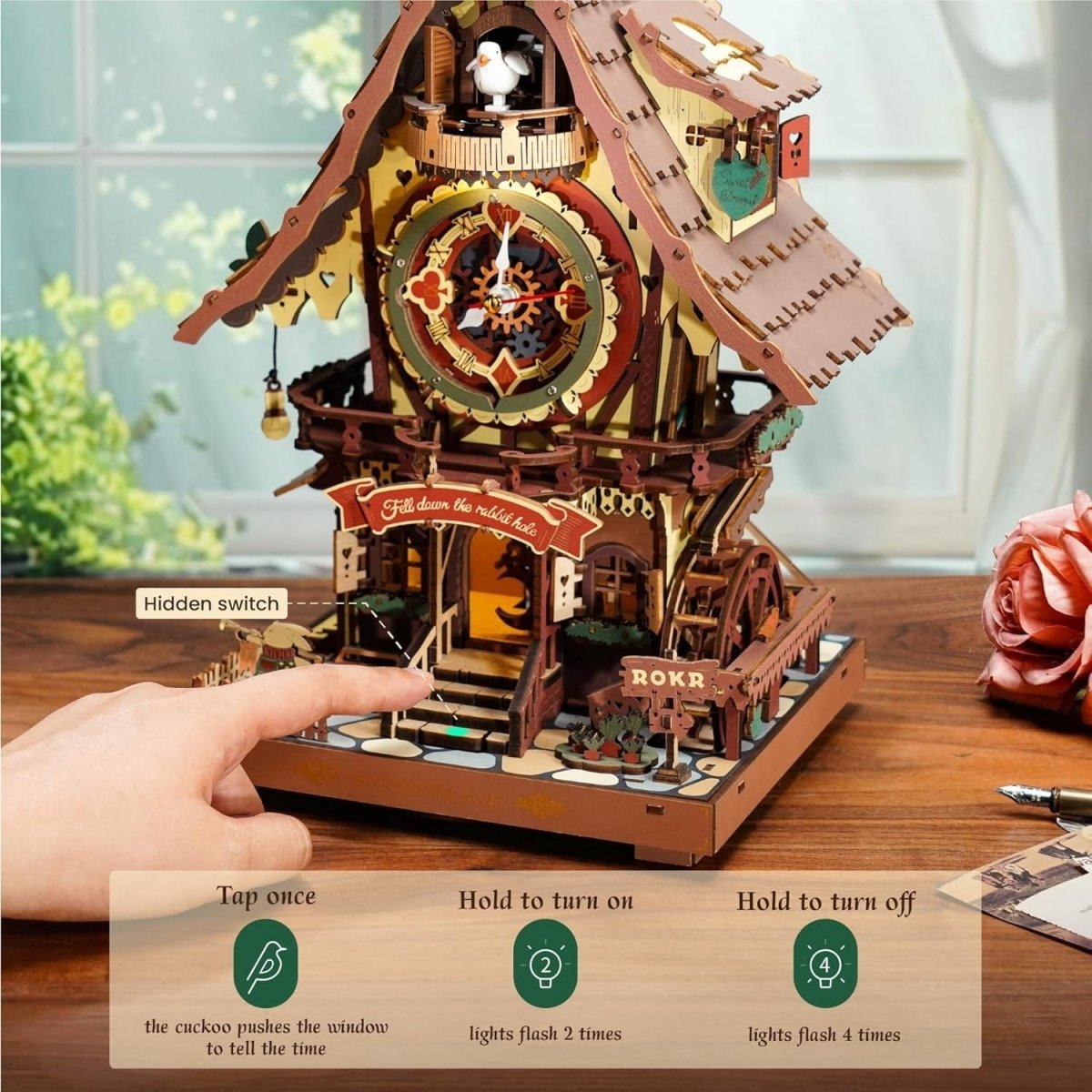 3D Wooden Cuckoo Clock Model Kit DIY Mechanical Puzzle with Lights - Kwikley