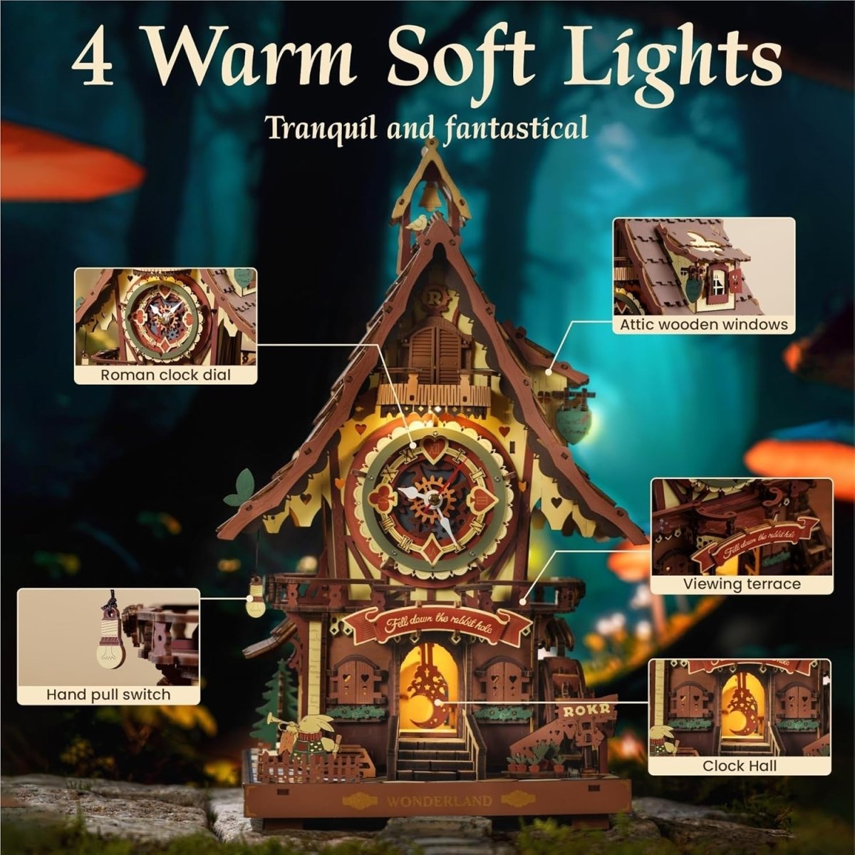 3D Wooden Cuckoo Clock Model Kit DIY Mechanical Puzzle with Lights - Kwikley