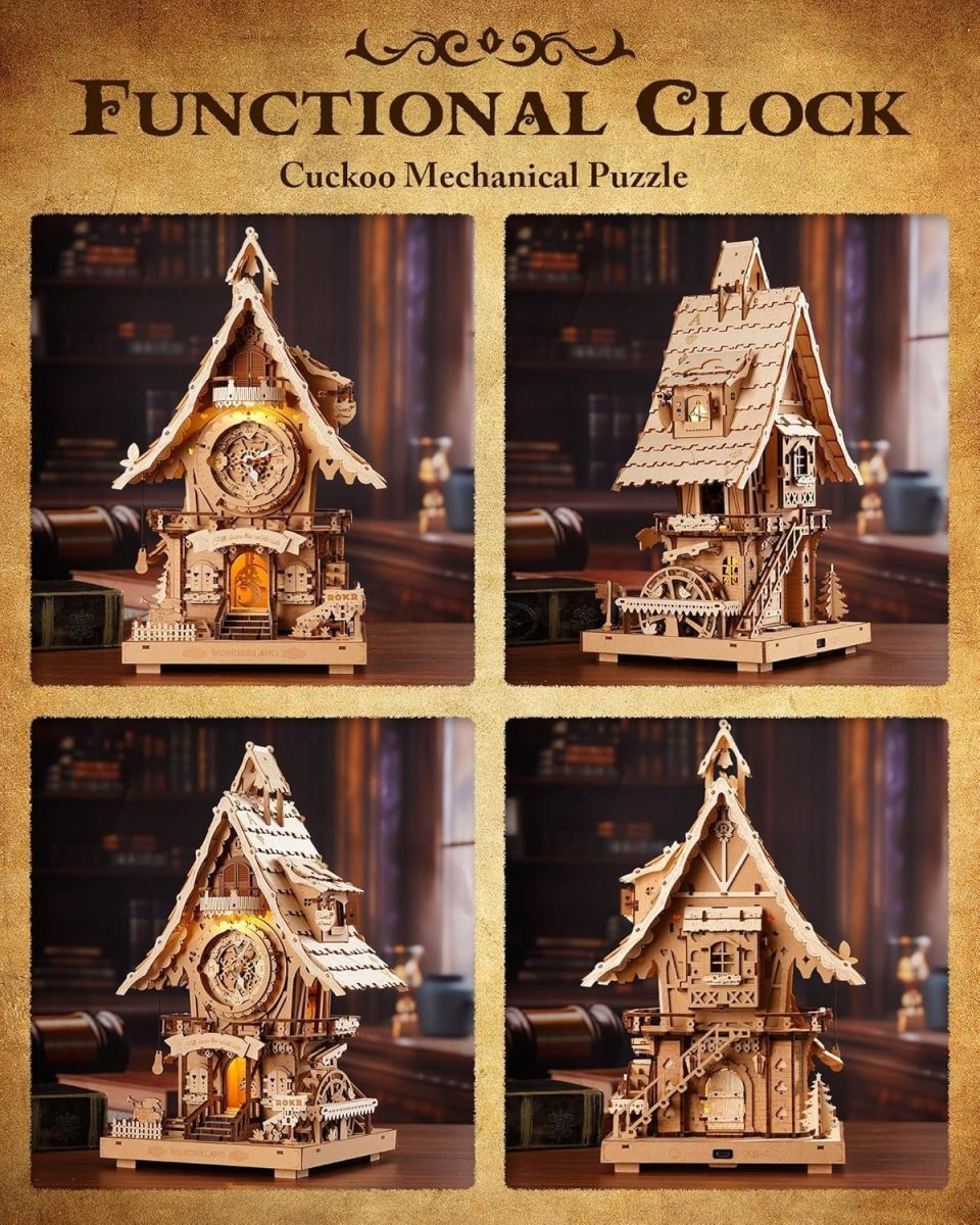 3D Wooden Cuckoo Clock Puzzle DIY Mechanical Model Kit LED Decor Gift - Kwikley