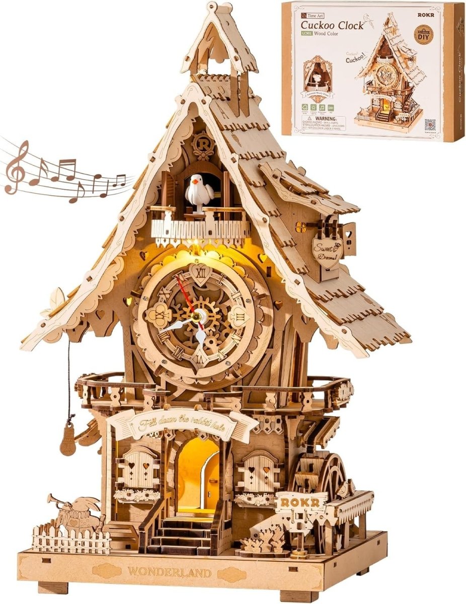 3D Wooden Cuckoo Clock Puzzle DIY Mechanical Model Kit LED Decor Gift - Kwikley