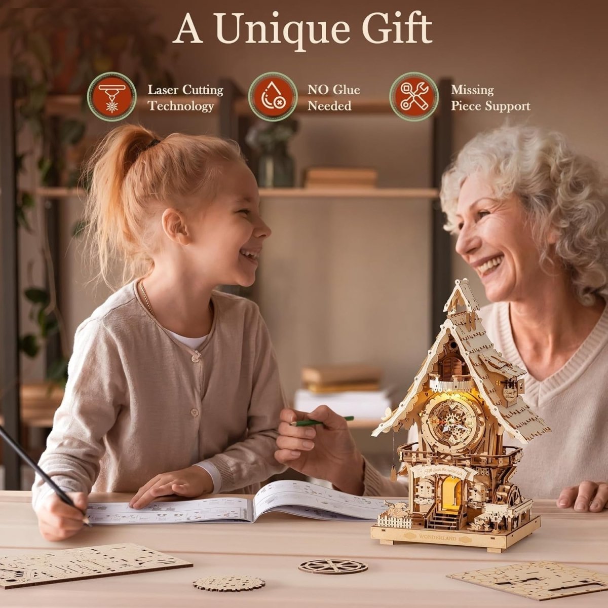 3D Wooden Cuckoo Clock Puzzle DIY Model Kit LED Light Desk Decor Gift - Kwikley