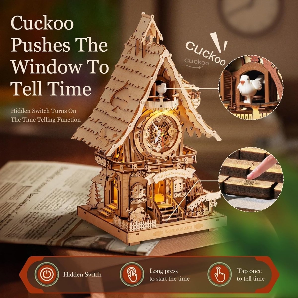 3D Wooden Cuckoo Clock Puzzle DIY Model Kit LED Light Desk Decor Gift - Kwikley
