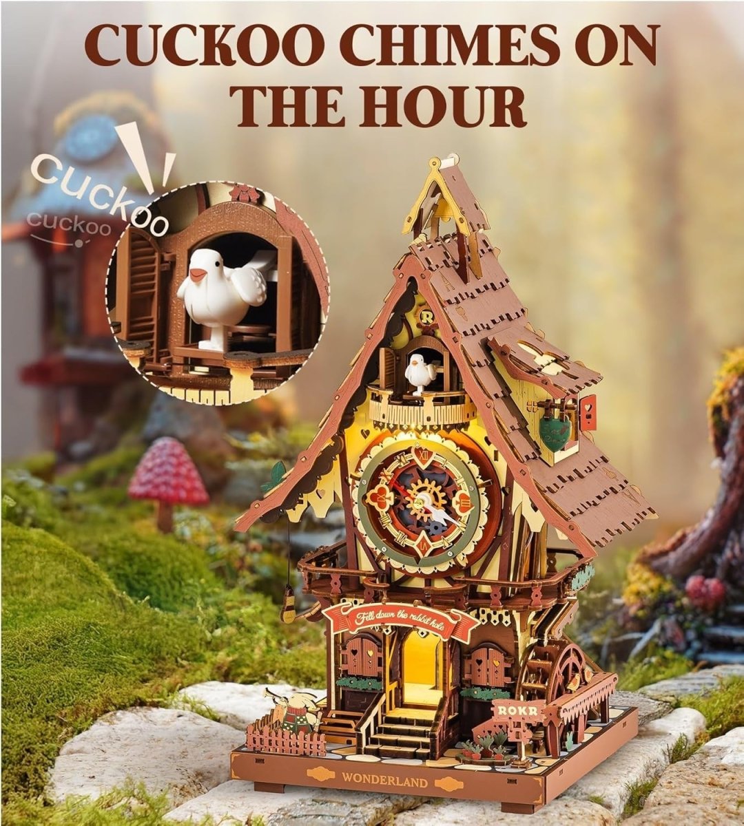 3D Wooden Cuckoo Clock Puzzle Kit LED Light Mechanical Desk Clock - Kwikley