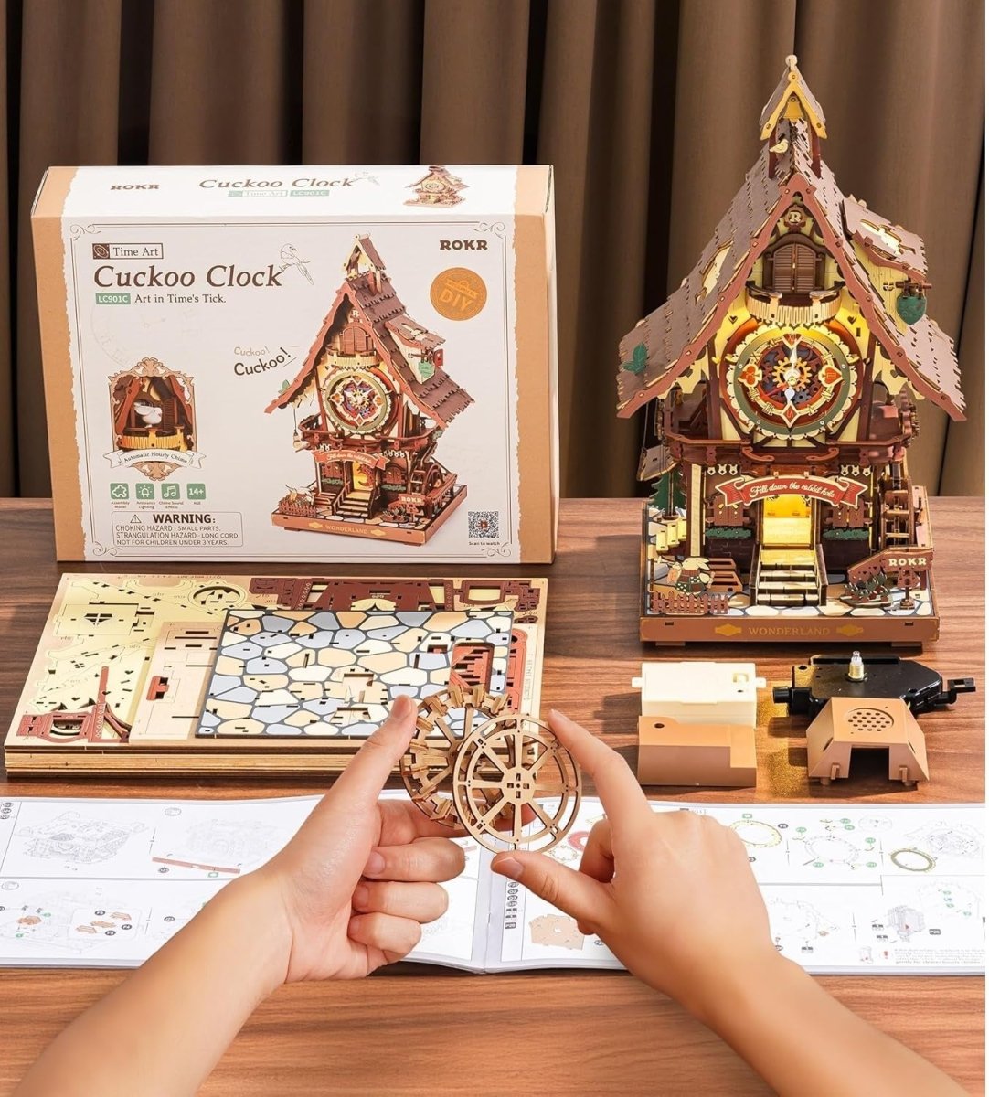 3D Wooden Cuckoo Clock Puzzle Kit LED Light Mechanical Desk Clock - Kwikley