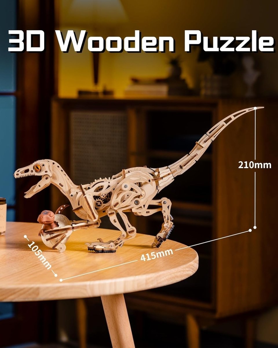 3D Wooden Dinosaur Puzzle Kit Walking Velociraptor STEM Model Toy DIY - Kwikley