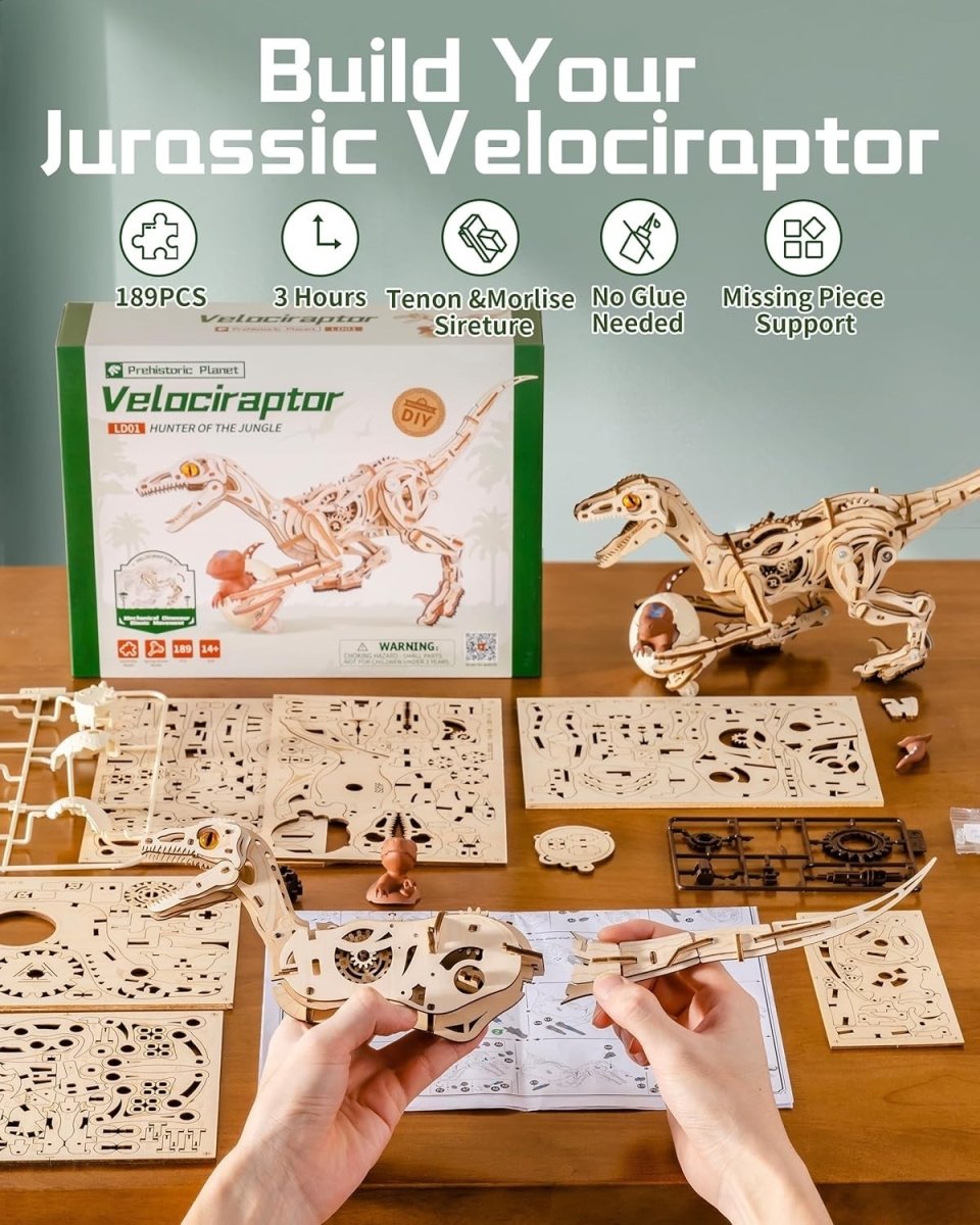 3D Wooden Dinosaur Puzzle Kit Walking Velociraptor STEM Model Toy DIY - Kwikley