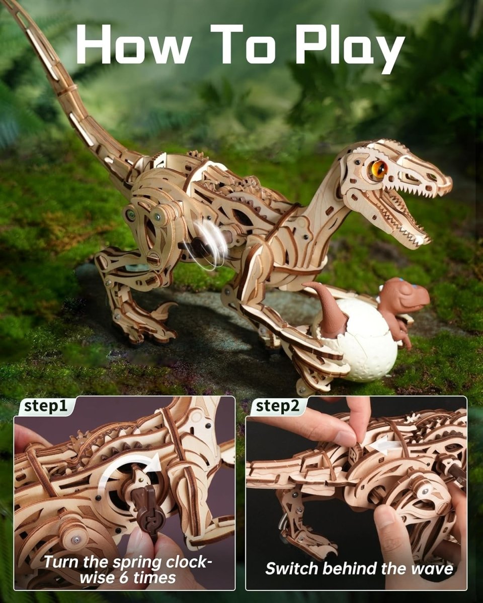 3D Wooden Dinosaur Puzzle Kit Walking Velociraptor STEM Model Toy DIY - Kwikley