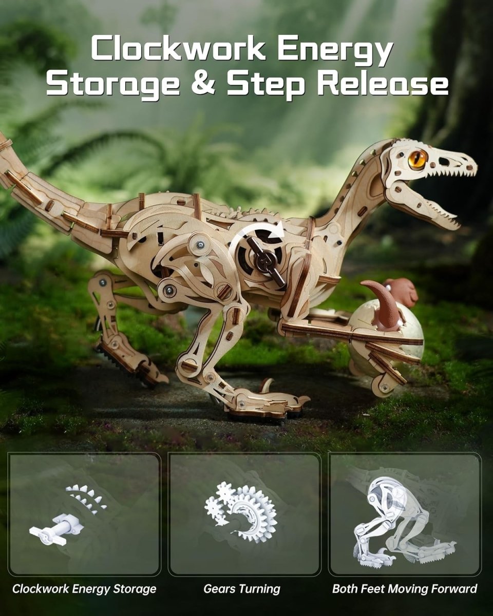 3D Wooden Dinosaur Puzzle Kit Walking Velociraptor STEM Model Toy DIY - Kwikley
