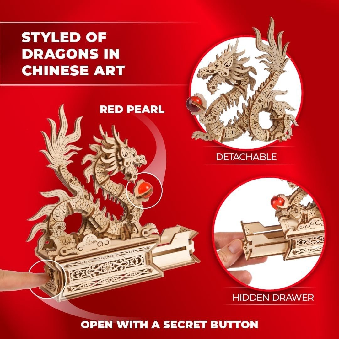 3D Wooden Dragon Puzzle Box Secret Drawer DIY Model Kit 141PCS - Kwikley