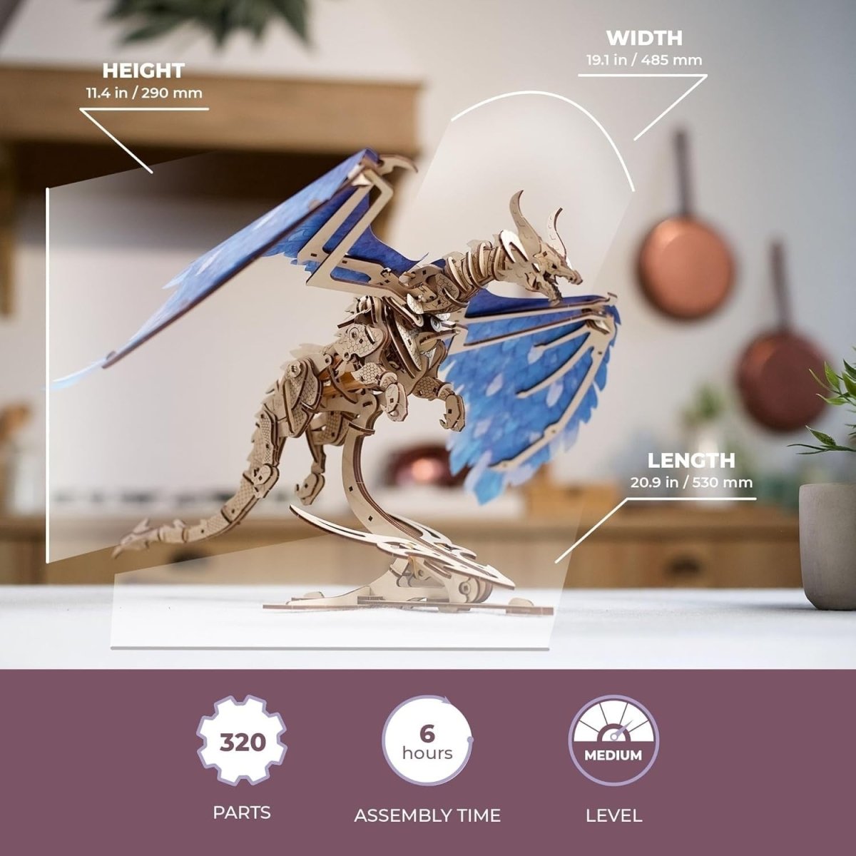 3D Wooden Dragon Puzzle Kit Moving Wings Mechanical Model 320PCS - Kwikley