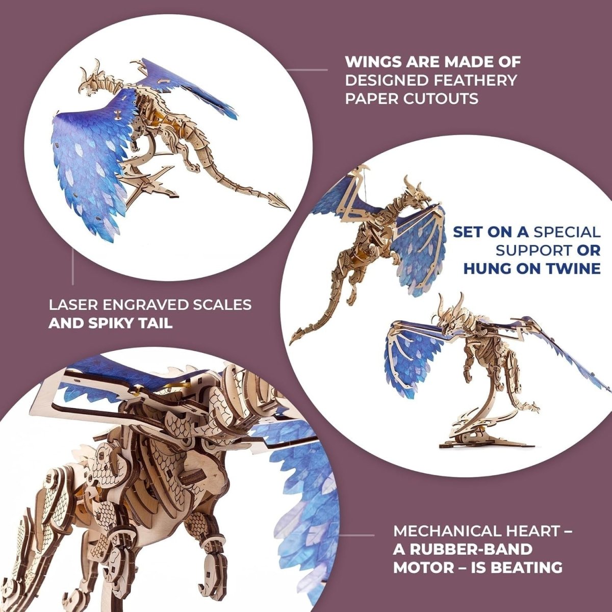 3D Wooden Dragon Puzzle Kit Moving Wings Mechanical Model 320PCS - Kwikley