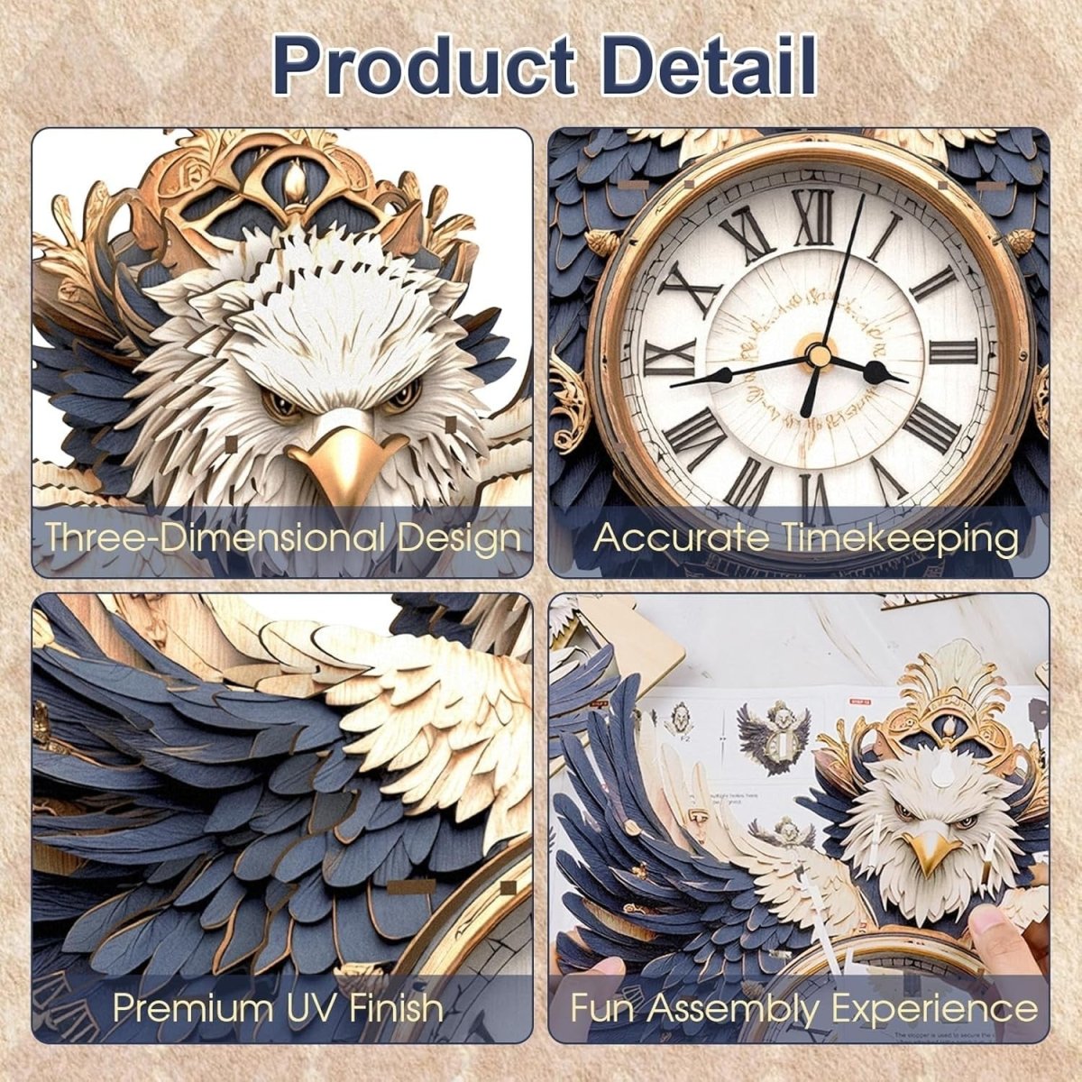3D Wooden Eagle Clock Puzzle DIY Mechanical Wall Decor Model Kit Gift - Kwikley