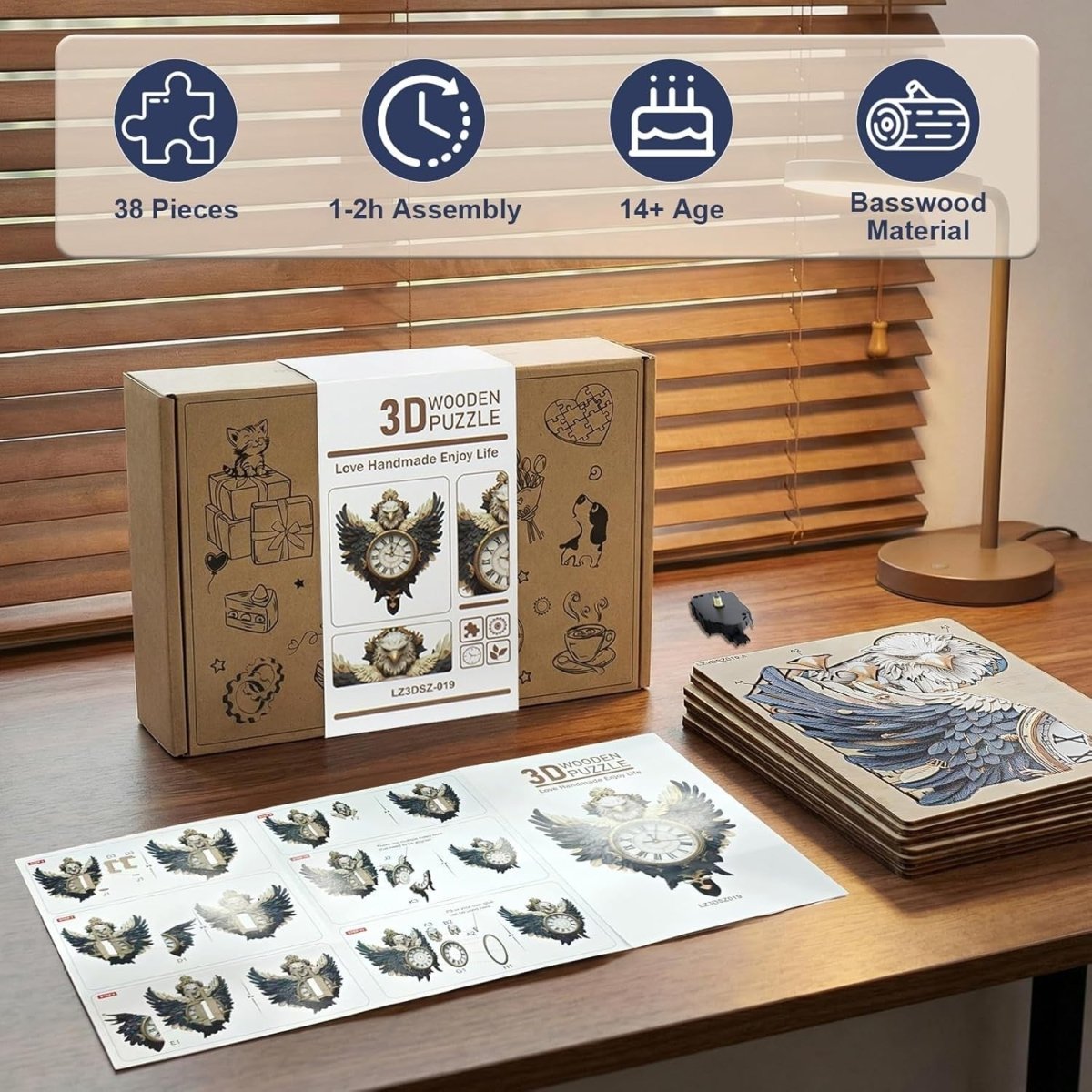 3D Wooden Eagle Clock Puzzle DIY Mechanical Wall Decor Model Kit Gift - Kwikley