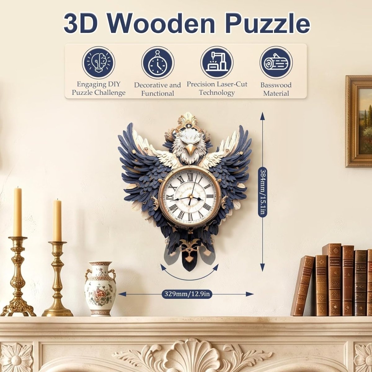 3D Wooden Eagle Clock Puzzle DIY Mechanical Wall Decor Model Kit Gift - Kwikley