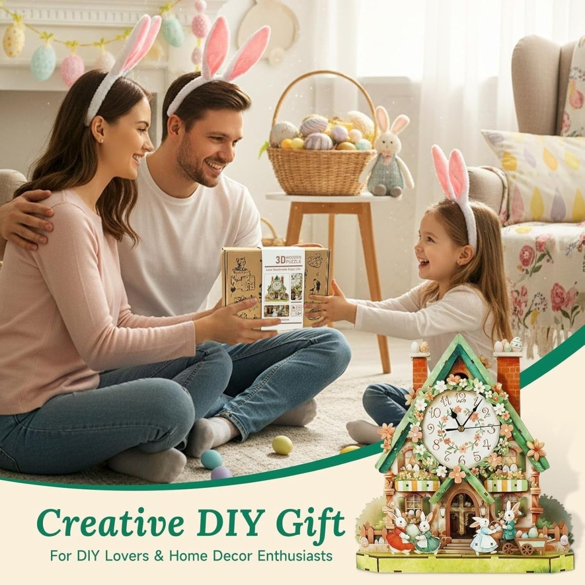 3D Wooden Easter House Clock Puzzle DIY Mechanical Wall Decor Gift - Kwikley