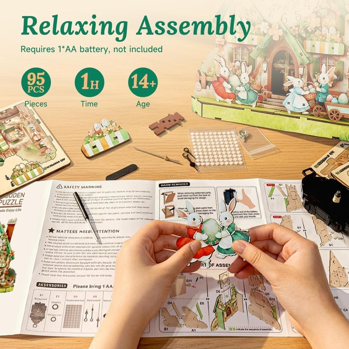 3D Wooden Easter House Clock Puzzle DIY Mechanical Wall Decor Gift - Kwikley
