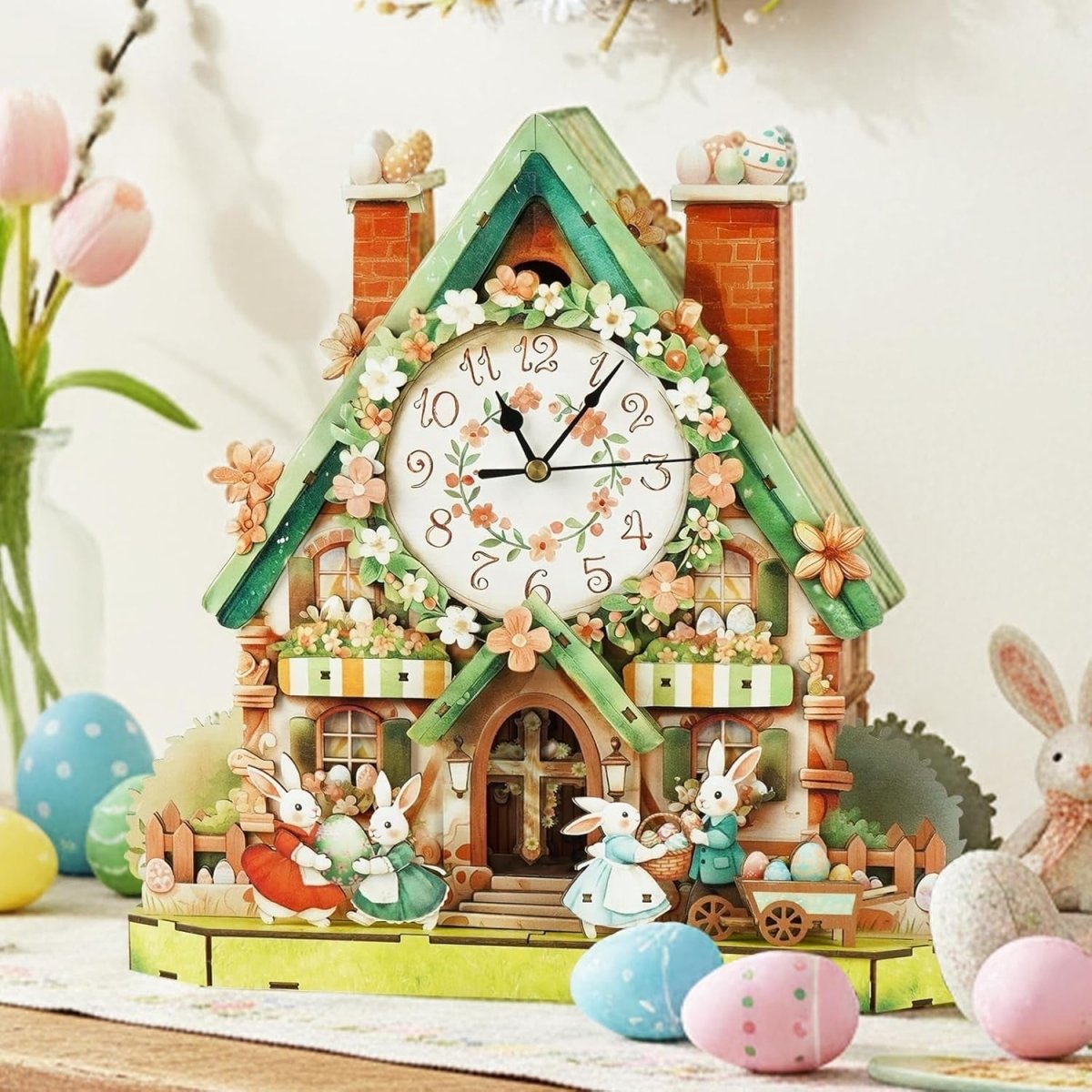 3D Wooden Easter House Clock Puzzle DIY Mechanical Wall Decor Gift - Kwikley