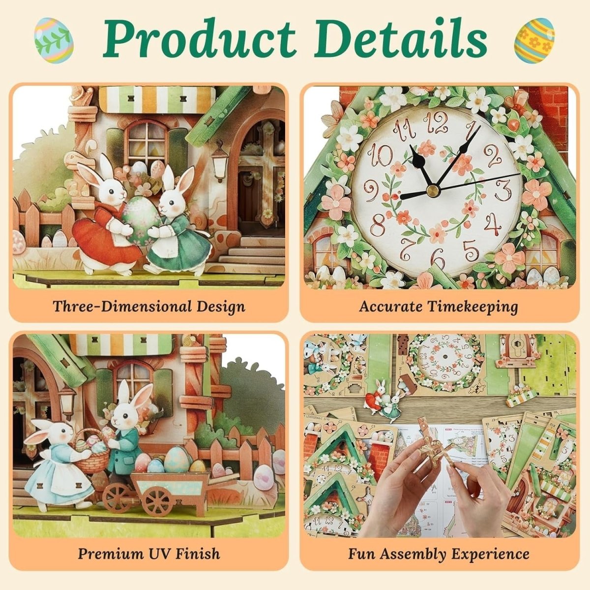 3D Wooden Easter House Clock Puzzle DIY Mechanical Wall Decor Gift - Kwikley