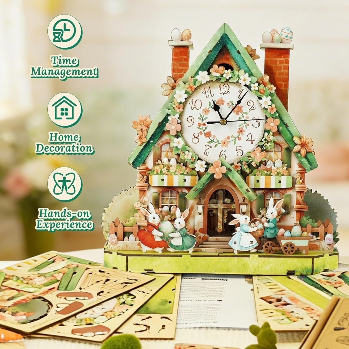 3D Wooden Easter House Clock Puzzle DIY Mechanical Wall Decor Gift - Kwikley