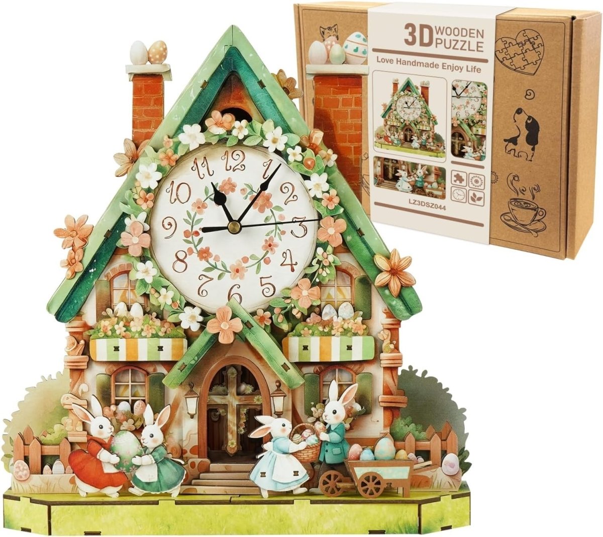 3D Wooden Easter House Clock Puzzle DIY Mechanical Wall Decor Gift - Kwikley