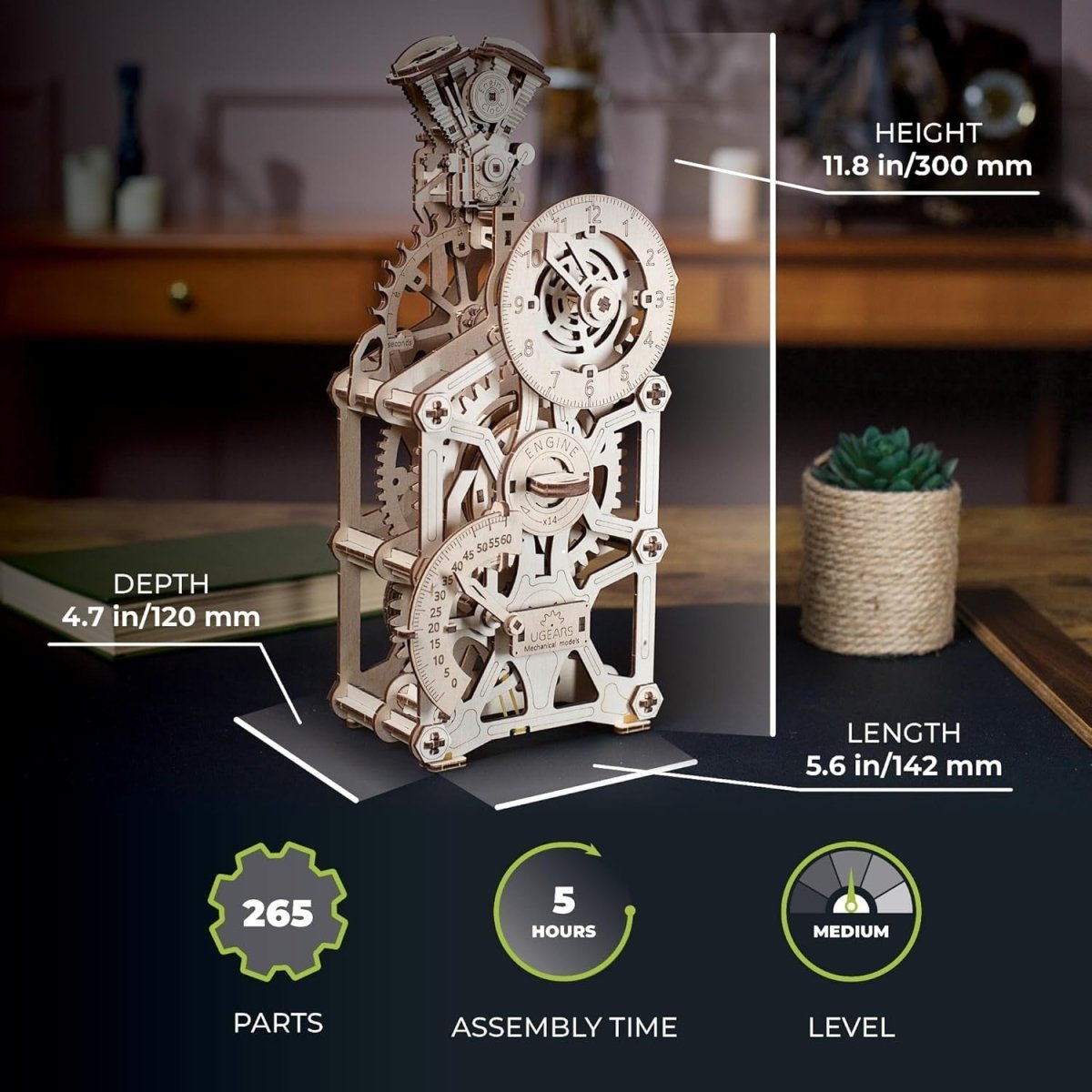 3D Wooden Engine Clock Puzzle Mechanical DIY Model Kit 265PCS Adult Build - Kwikley