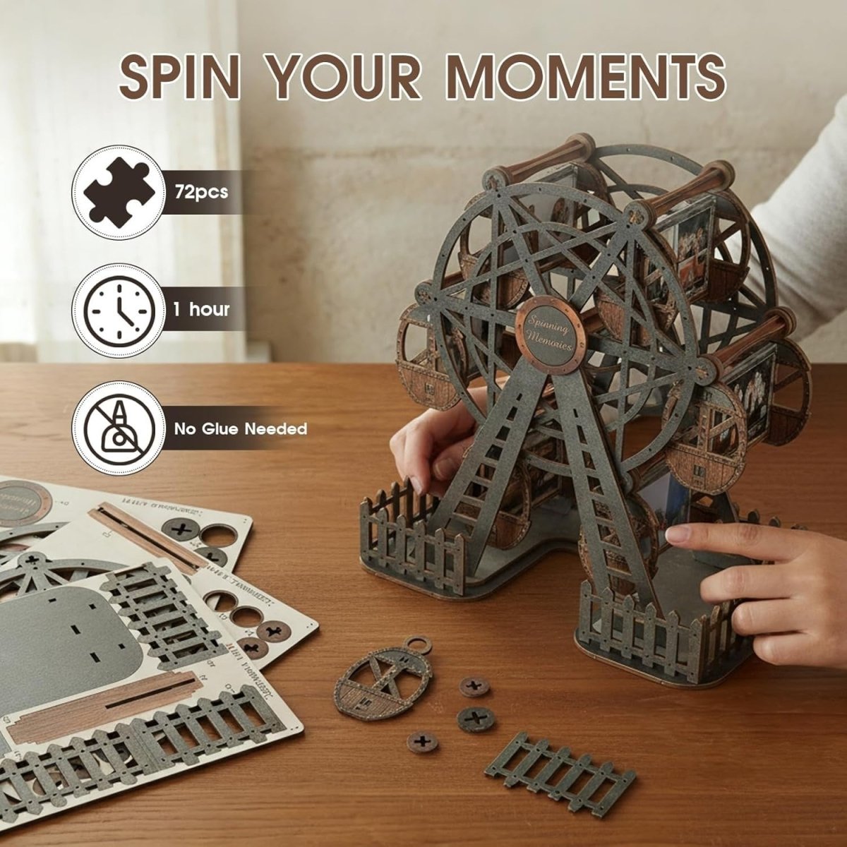 3D Wooden Ferris Wheel Photo Frame Puzzle Rotating Picture Display Gift - Kwikley