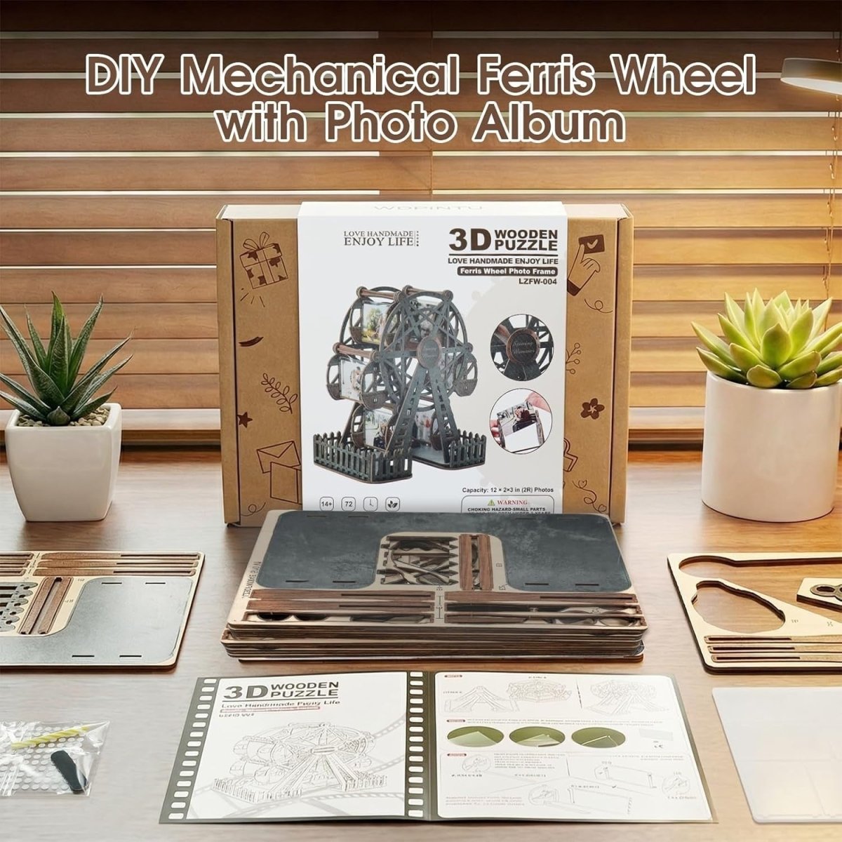 3D Wooden Ferris Wheel Photo Frame Puzzle Rotating Picture Display Gift - Kwikley