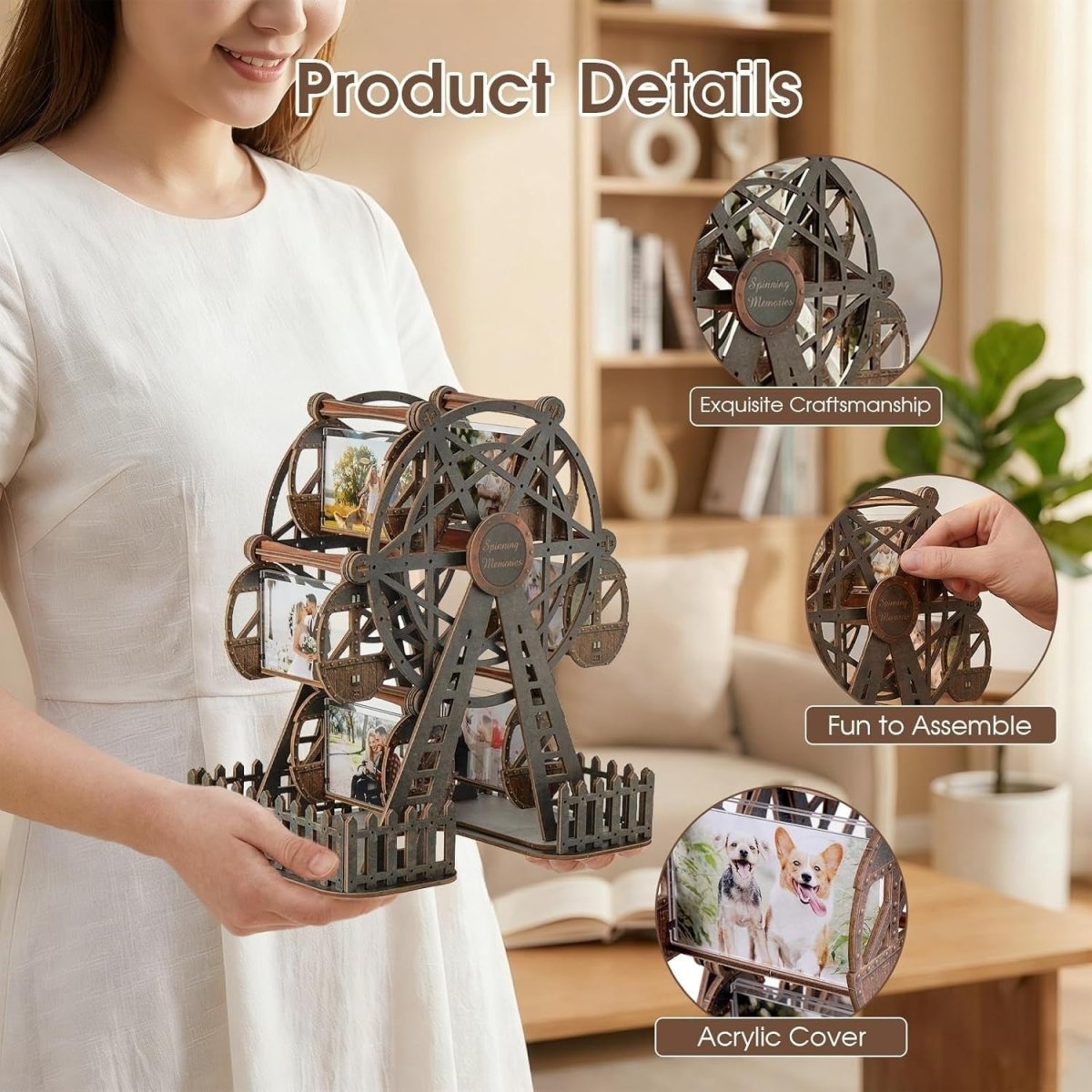 3D Wooden Ferris Wheel Photo Frame Puzzle Rotating Picture Display Gift - Kwikley