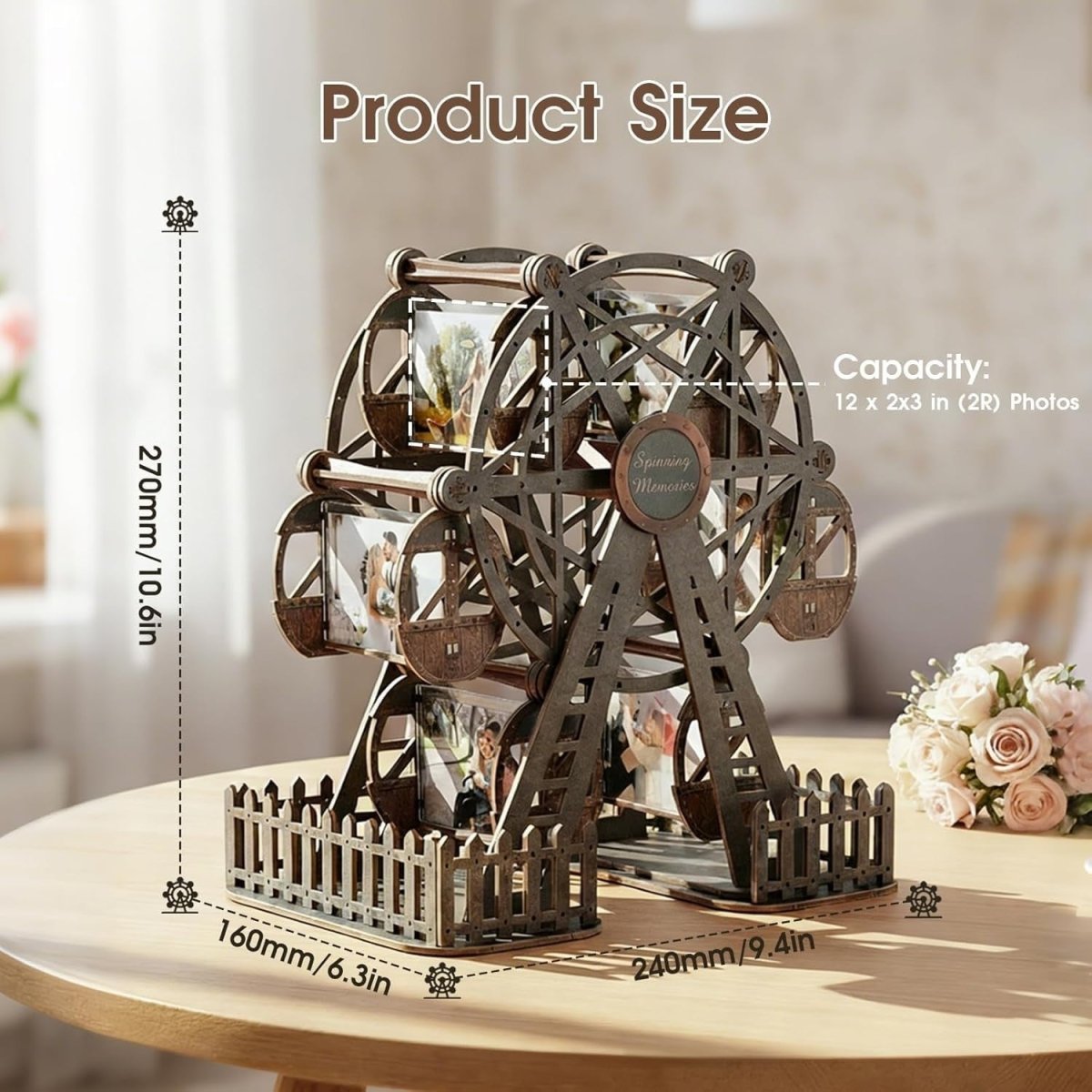 3D Wooden Ferris Wheel Photo Frame Puzzle Rotating Picture Display Gift - Kwikley