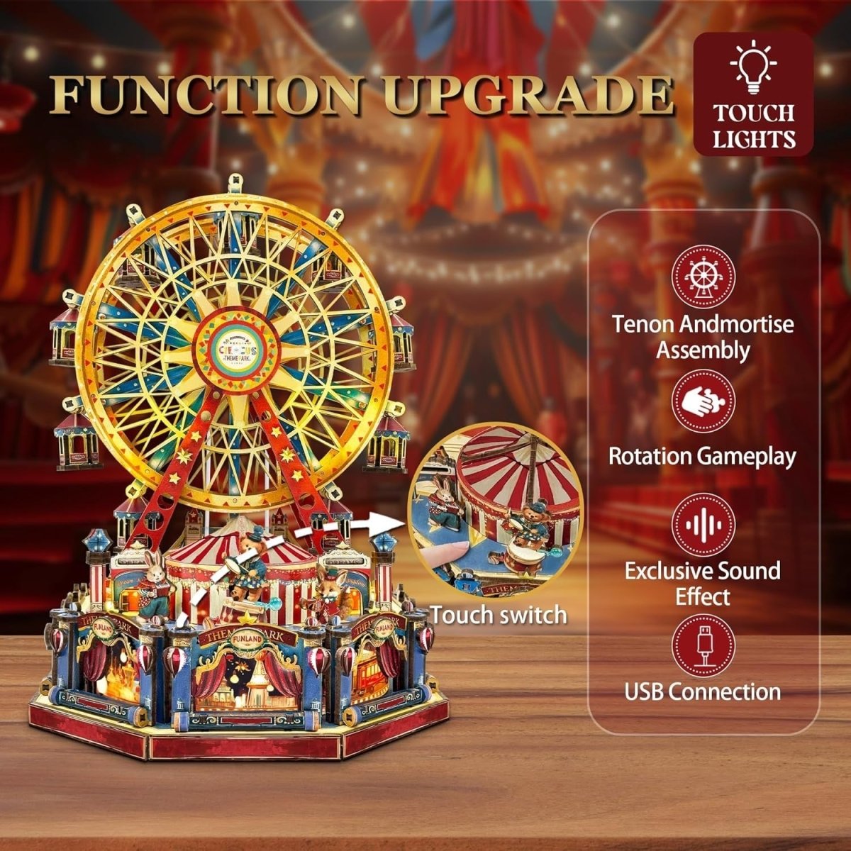 3D Wooden Ferris Wheel Puzzle DIY Carnival Model Kit Lights Music - Kwikley