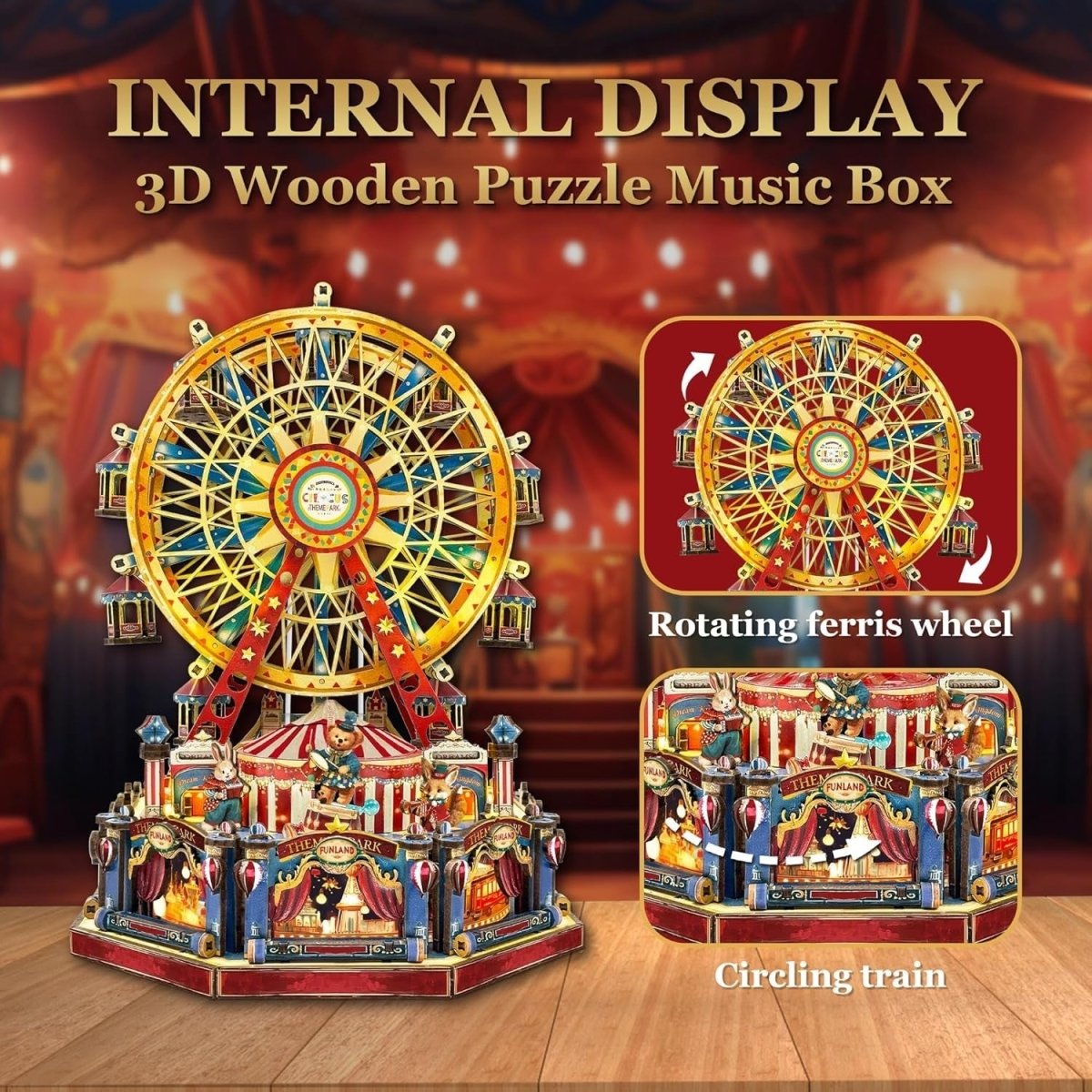 3D Wooden Ferris Wheel Puzzle DIY Carnival Model Kit Lights Music - Kwikley