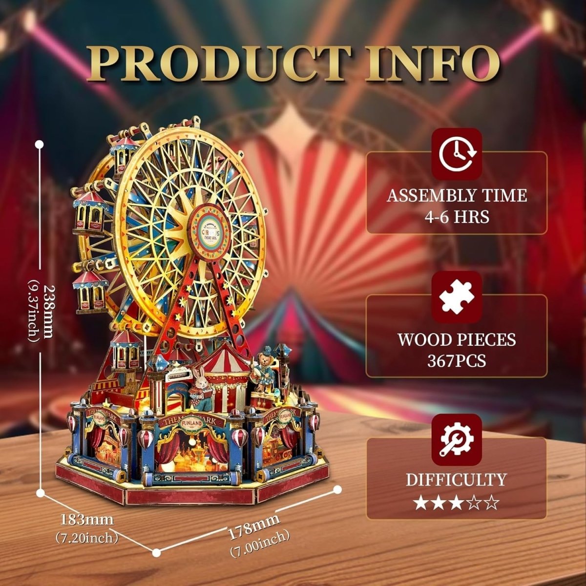 3D Wooden Ferris Wheel Puzzle DIY Carnival Model Kit Lights Music - Kwikley