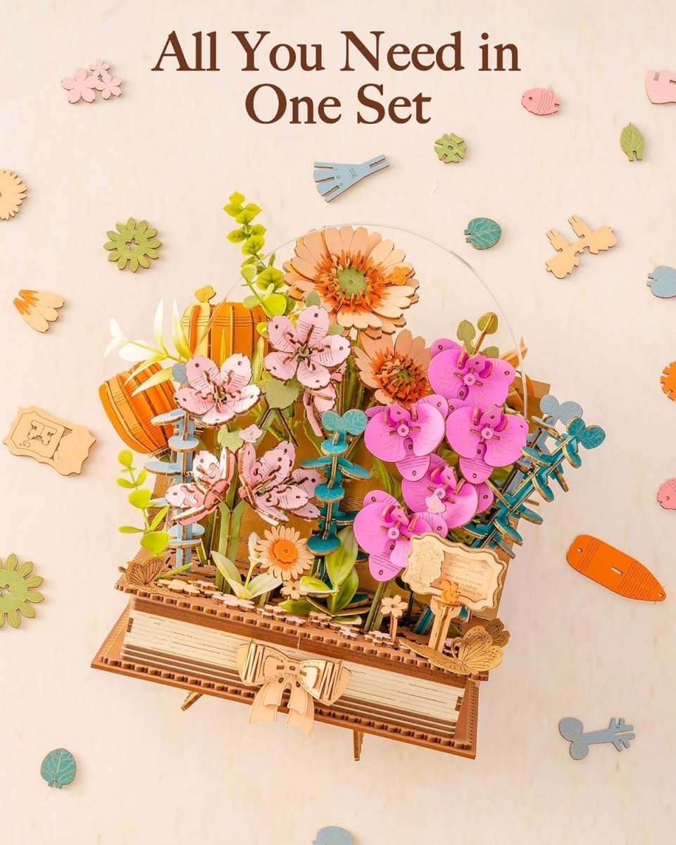 3D Wooden Flower Book Puzzle DIY Bouquet Model Kit Home Decor Gift - Kwikley