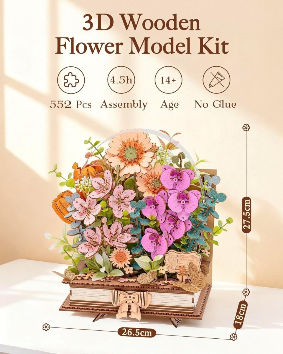 3D Wooden Flower Book Puzzle DIY Bouquet Model Kit Home Decor Gift - Kwikley