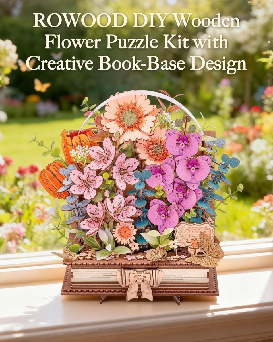 3D Wooden Flower Book Puzzle DIY Bouquet Model Kit Home Decor Gift - Kwikley