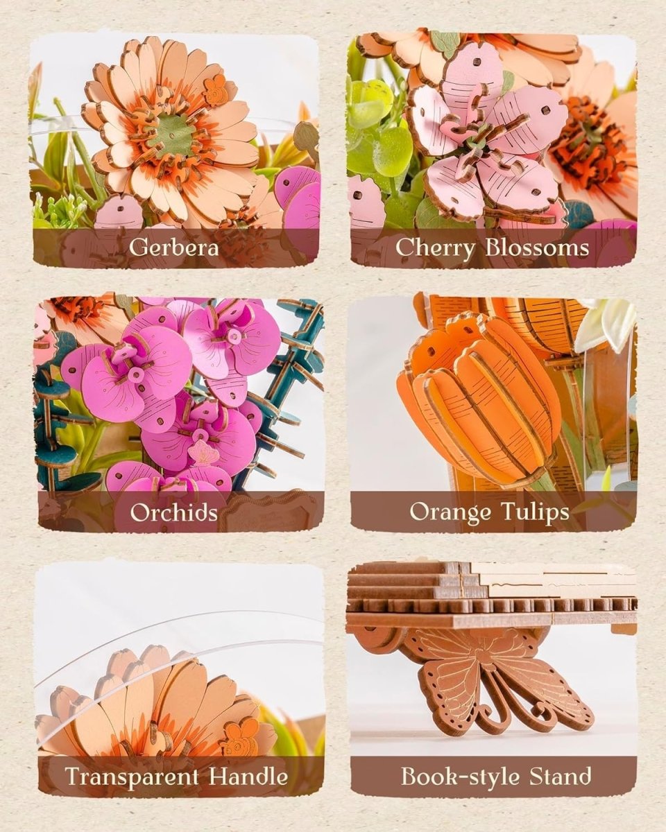 3D Wooden Flower Book Puzzle DIY Bouquet Model Kit Home Decor Gift - Kwikley