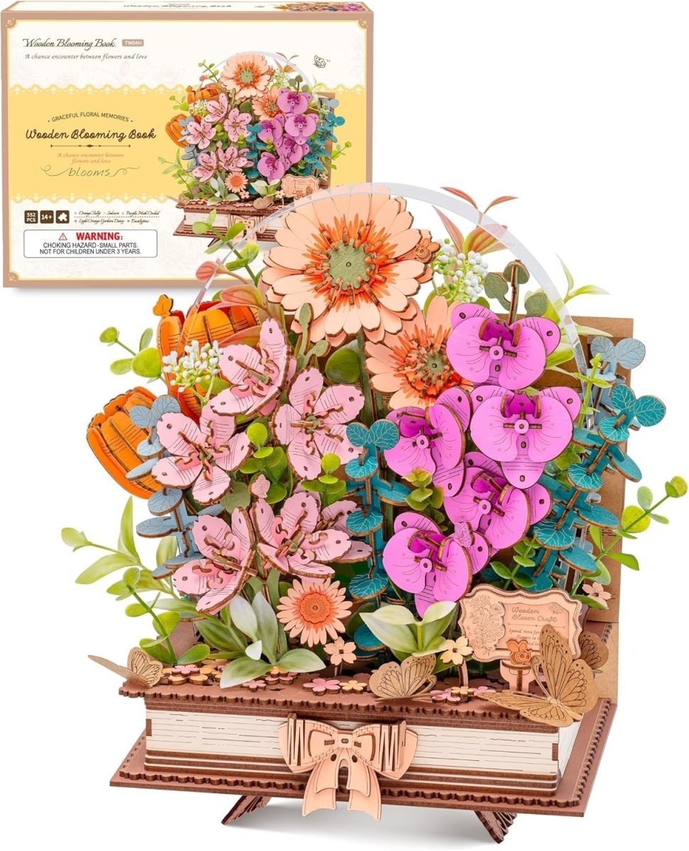 3D Wooden Flower Book Puzzle DIY Floral Model Kit Home Decor Gift - Kwikley