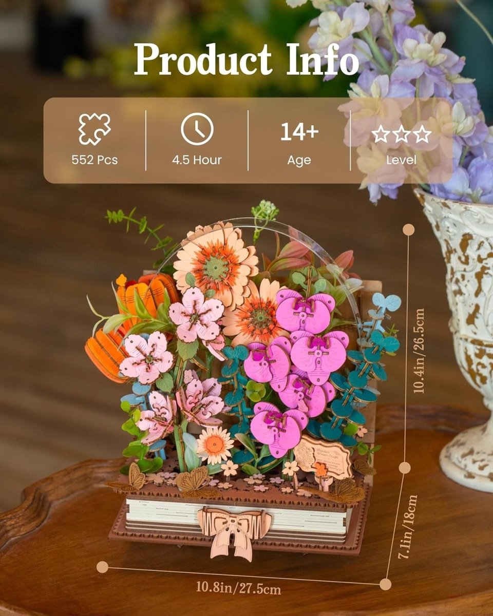 3D Wooden Flower Book Puzzle DIY Floral Model Kit Home Decor Gift - Kwikley